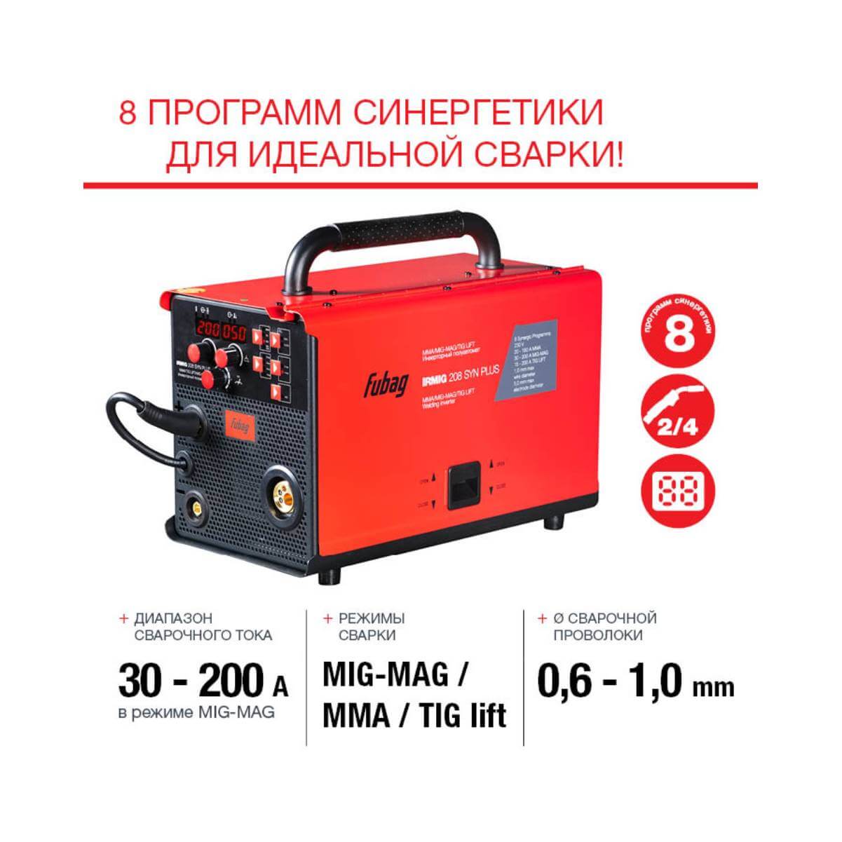 Полуавтомат сварочный инверторный FUBAG IRMIG 208 SYN Plus +горелка FB 250 Ergo 3 м+маска